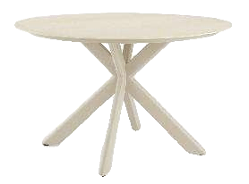 A light-colored, round outdoor dining table with a unique, crisscrossing base made of four sturdy legs.