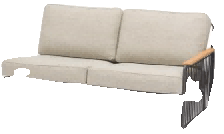 A two-seater outdoor sofa with light beige cushions, a black metal frame, and a wooden armrest on the right side.