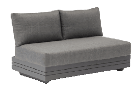A gray outdoor two-seater sofa with two back cushions is shown against a white background.