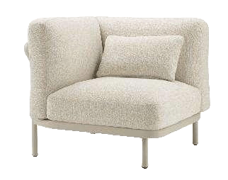 A cream-colored modular corner chair with a textured fabric and a small throw pillow, supported by light-colored metal legs.