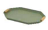 A rectangular serving tray with slightly angled sides and wooden handles on a white background.