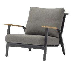A modern outdoor armchair with a dark grey metal frame, light brown wooden armrests, and thick grey cushions on the seat and back.