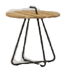 A round wooden side table with a slatted top and black metal tripod legs, featuring a handle-like extension from the top.