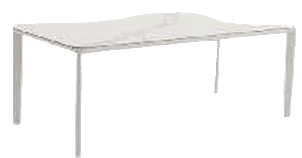 A rectangular outdoor dining table with a white top and light-colored metal legs is shown against a plain white background.