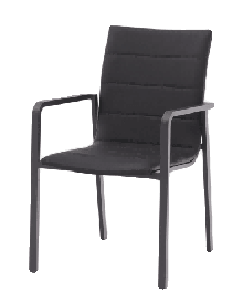 A dark grey outdoor dining chair with a padded backrest and seat, featuring a metal frame and armrests, is presented against a plain white background.