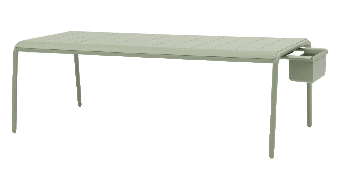 A light green rectangular outdoor dining table with a planter box attached to one end.