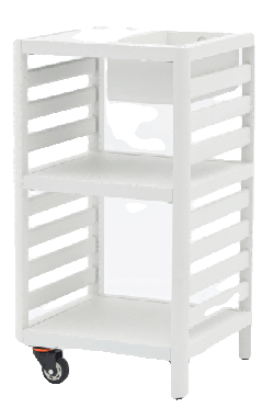 A white, three-tiered rolling cart with slatted sides and a small, removable bin on the top shelf.