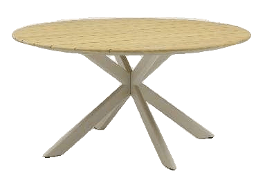 A round dining table with a light-colored slatted top and a gray, X-shaped base.