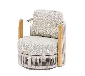 A modern outdoor armchair with a light grey woven rope base and back, light wooden armrests, and light grey upholstered cushions.