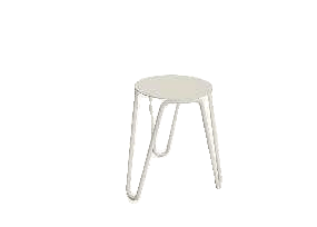 A simple, light-colored metal stool with a round seat and four splayed legs is presented against a plain white background.