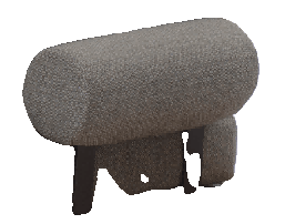 A close-up shot of a gray upholstered armrest of a sofa, featuring a cylindrical shape supported by two dark vertical brackets.
