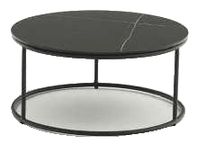 A round coffee table with a black marble-look top and a black metal frame, featuring four legs and a circular base.
