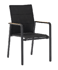 A black outdoor dining chair with a dark gray metal frame and light brown wooden armrests is shown against a plain white background.