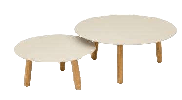 Two round, light-colored coffee tables with wooden legs are shown, one larger and one smaller, positioned slightly overlapping against a white background.