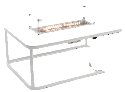 A white rectangular outdoor coffee table with rounded corners features a central glass-enclosed fire pit, and a cylindrical base on one side.