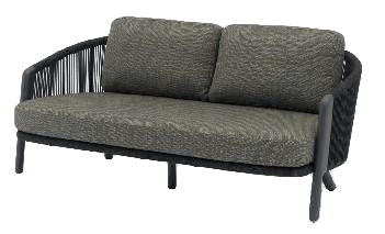 A modern outdoor two-seater sofa with a dark grey woven back and armrests, and matching dark grey cushions, is presented on a plain white background.