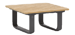 A low, square coffee table with a light wood slatted top and dark gray U-shaped metal legs.